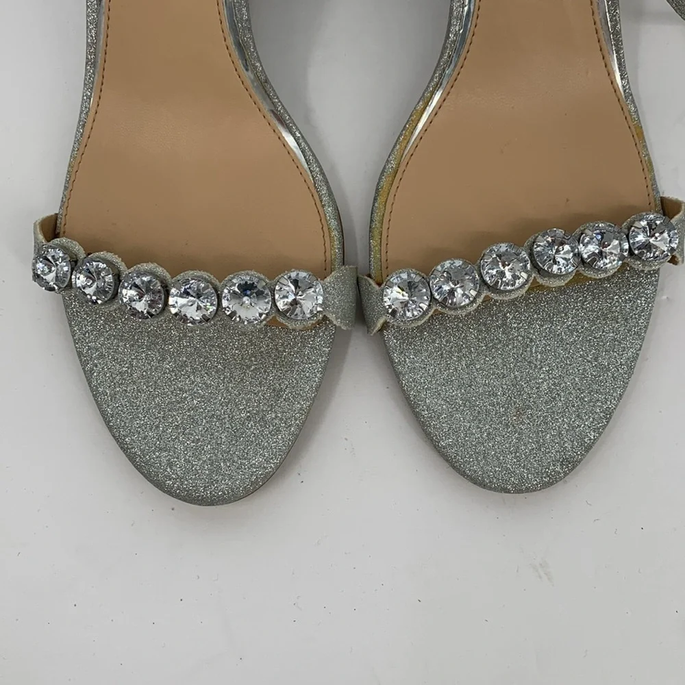 Jewel Badgley Mischka wedge shoe silver metallic glitter clear crystal sandal 11